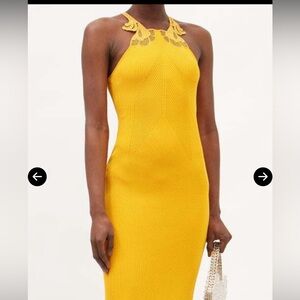 Lace-Insert Rib-Knitted Midi Dress - Yellow